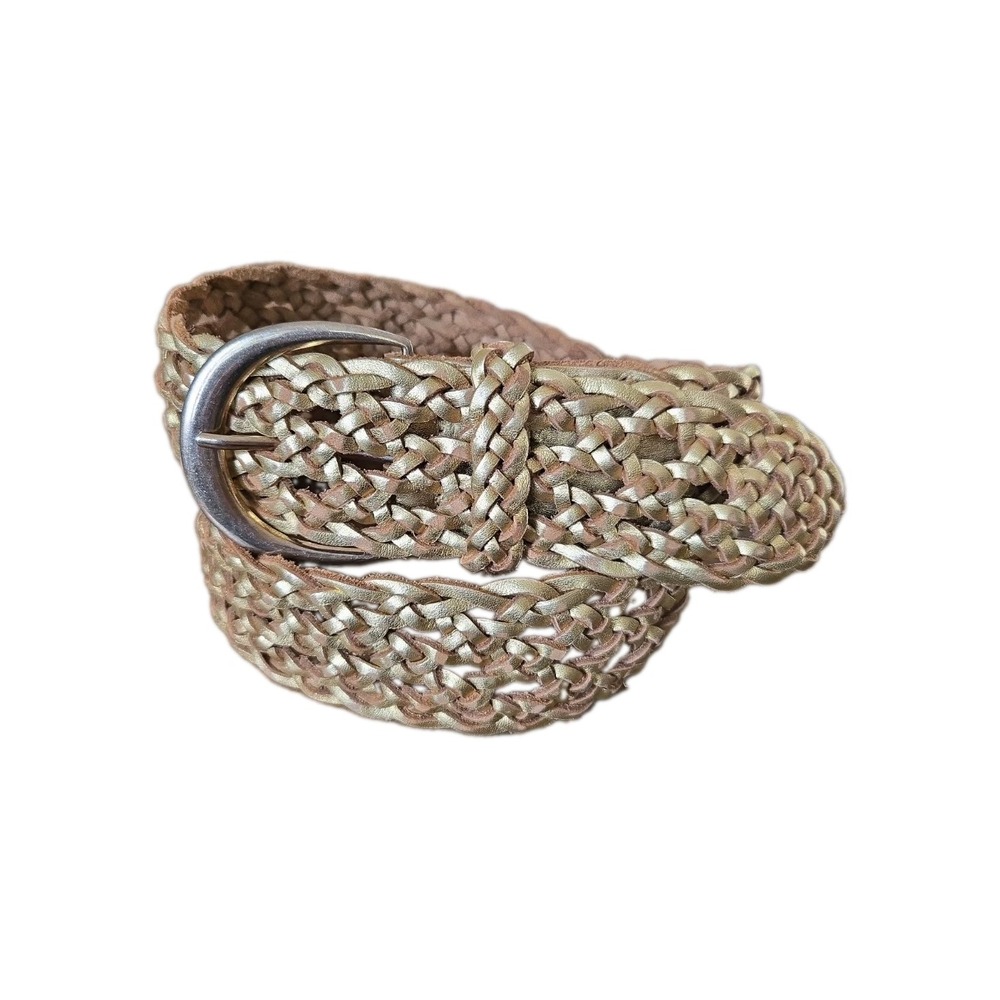 Hollister Ladies Wide Woven Genuine Leather Belt Gold Metallic XS/S (Up To 39")